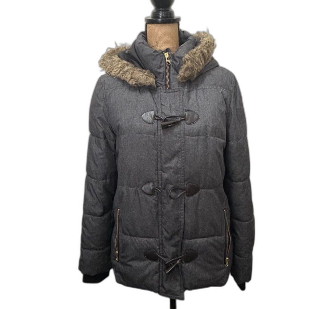 Gap Toggle Button Puffer Coat Faux‎ Fur Hood Heavyweight Winter Gray Size Medium